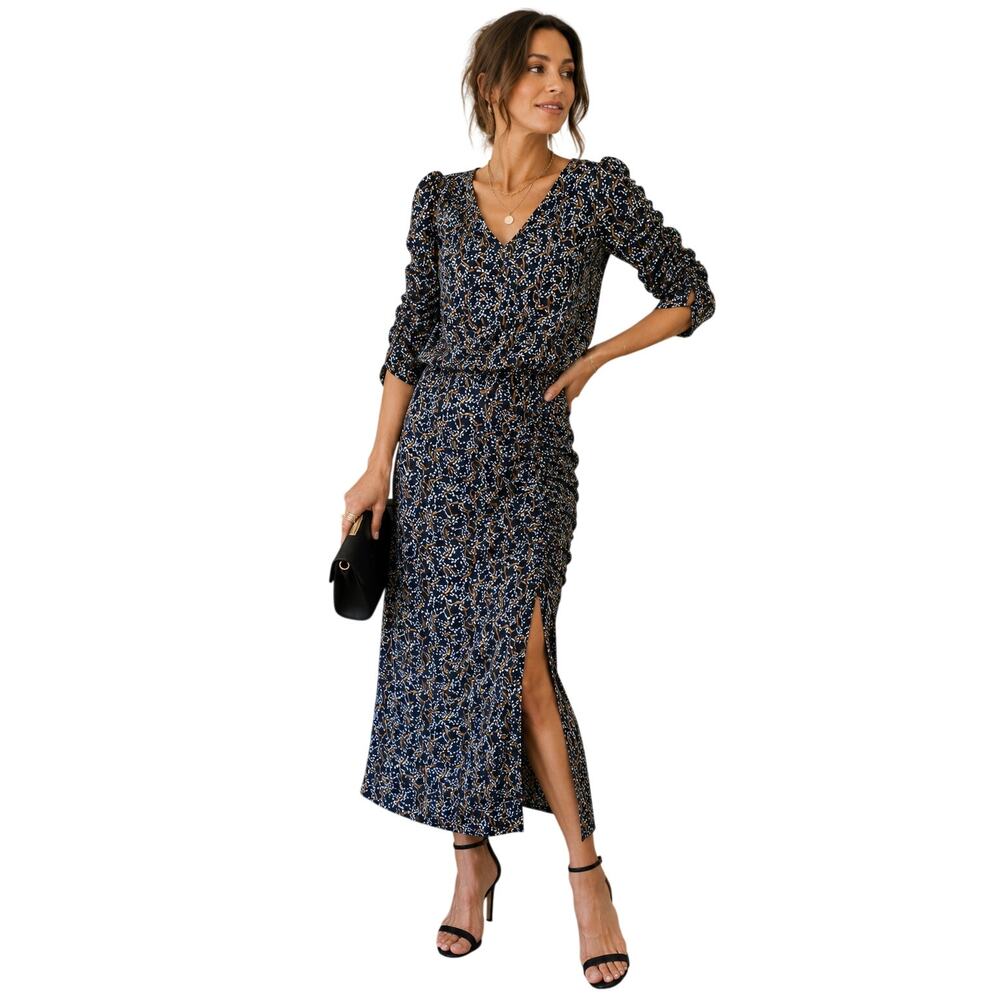 White House Black Market Floral Top & Skirt Set M Blue Ruched